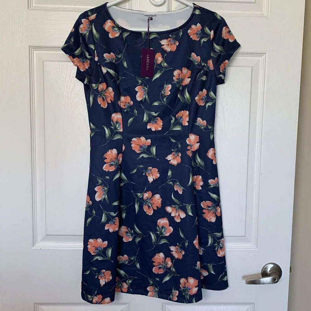 Lascana Dress Floral Women's Size 6 Navy Blue Fit & Flare Short Sleeve